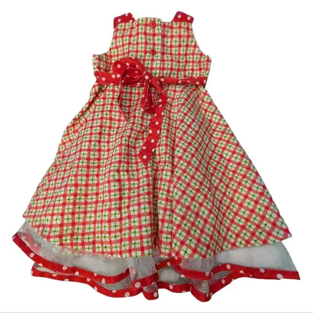 Infant Girl Y2K Rare Editions Pink Green Checkered Flower Crochet Dress‎